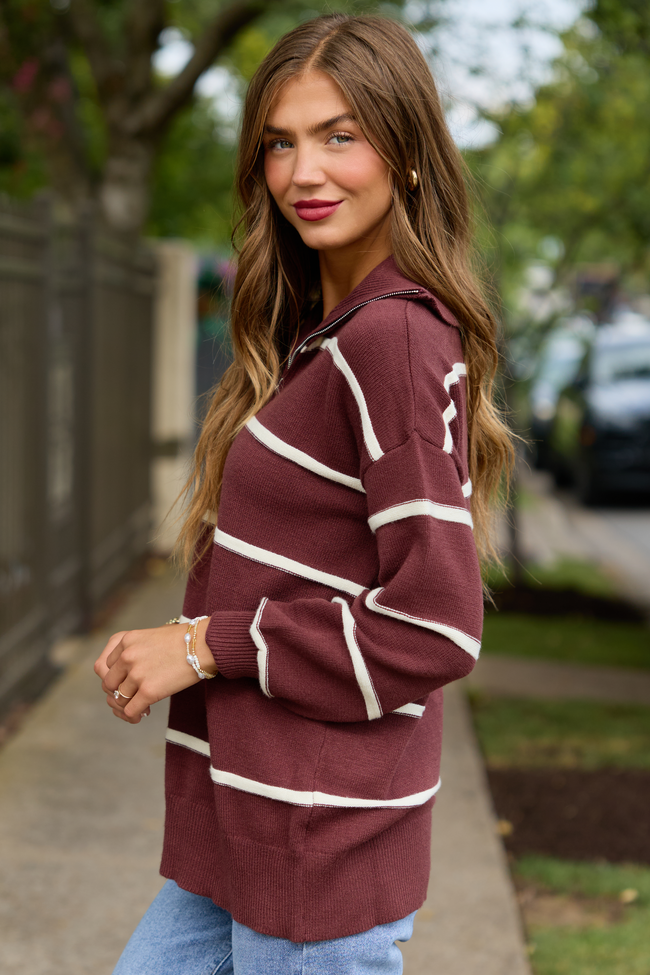 Sunday Stripe Club Chocolate And Ivory Quarter Zip