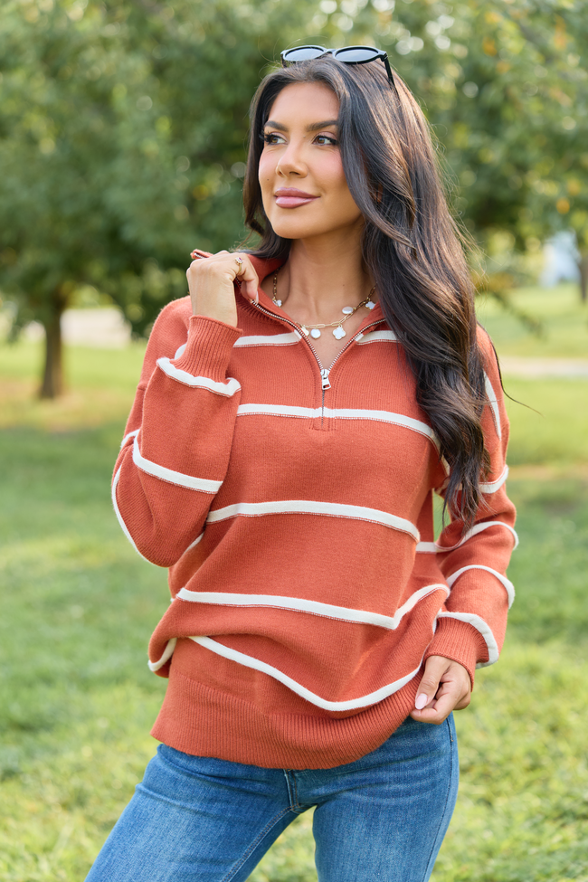 Sunday Stripe Club Rust And White Quarter Zip
