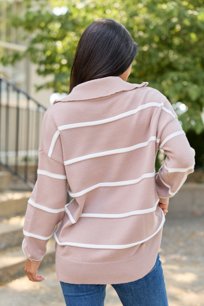 Sunday Stripe Club Taupe And White Quarter Zip