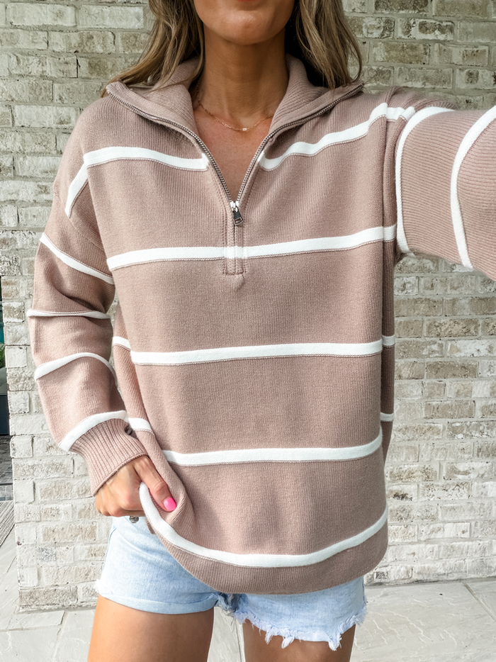 Sunday Stripe Club Taupe And White Quarter Zip