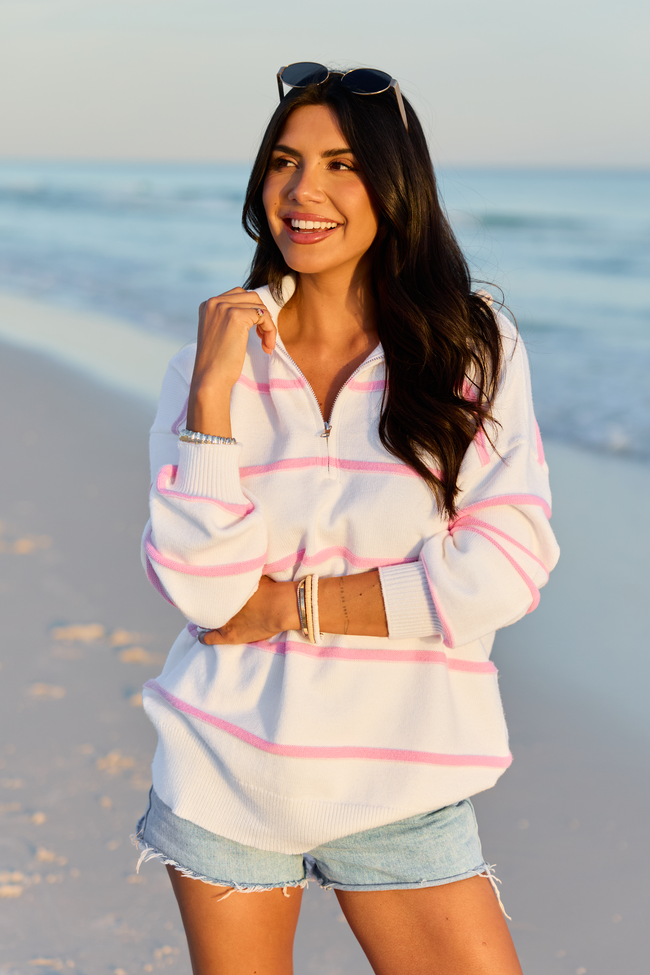Sunday Stripe Club White And Pink Quarter Zip