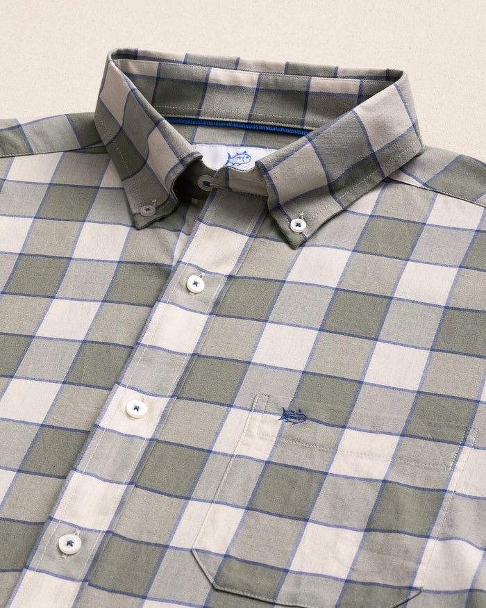 The detail view of the Southern Tide Sunny Cove Skipjack Sport Shirt by Southern Tide - Heather Cedar Green
