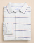 The front view of the Southern Tide Sunset Bay Stripe Double Cloth Sport Shirt by Southern Tide - Clear Day Blue