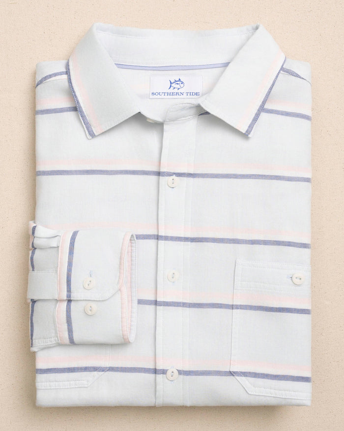 The front view of the Southern Tide Sunset Bay Stripe Double Cloth Sport Shirt by Southern Tide - Clear Day Blue