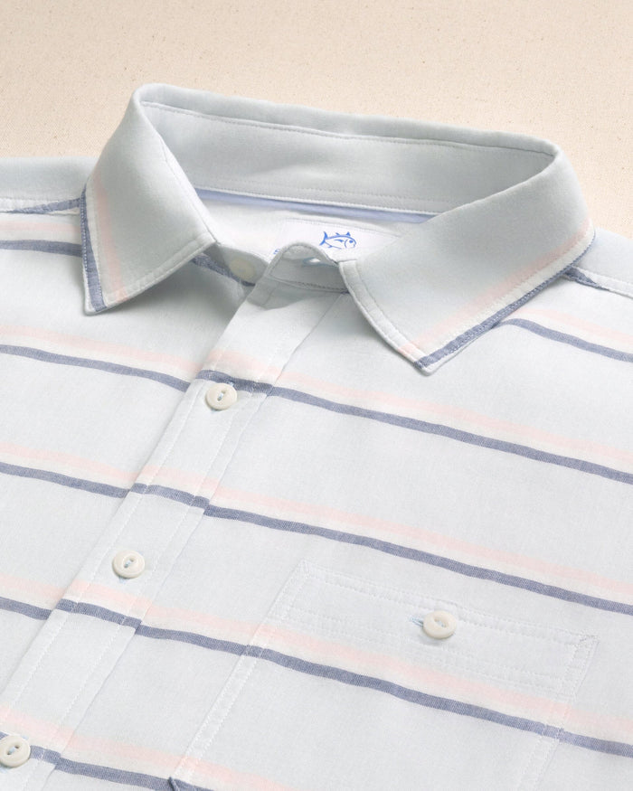 The detail view of the Southern Tide Sunset Bay Stripe Double Cloth Sport Shirt by Southern Tide - Clear Day Blue