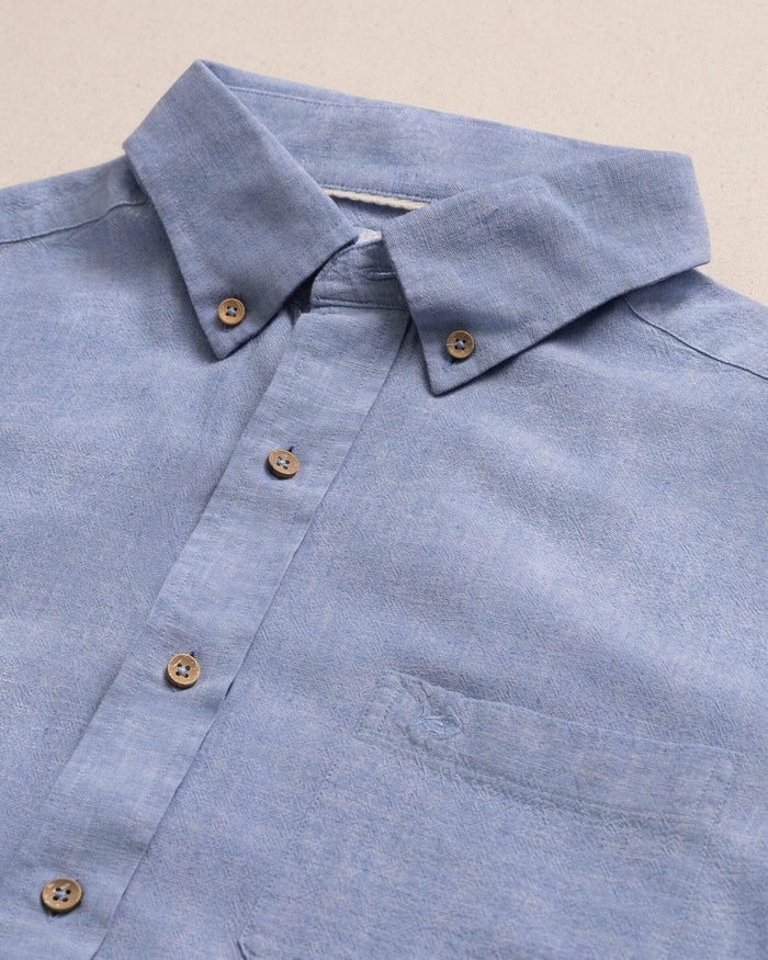 The detail view of the Southern Tide Sunset Ridge Linen Rayon Solid Sport Shirt by Southern Tide - Tide Blue