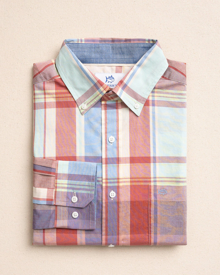 The front view of the Southern Tide Surfside Madras Sport Shirt by Southern Tide - White Sand