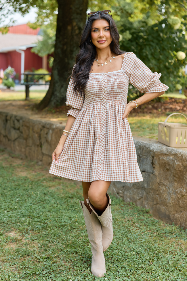 Tailored Grace Brown Gingham Mini Dress