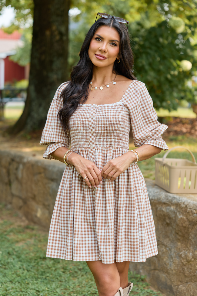 Tailored Grace Brown Gingham Mini Dress