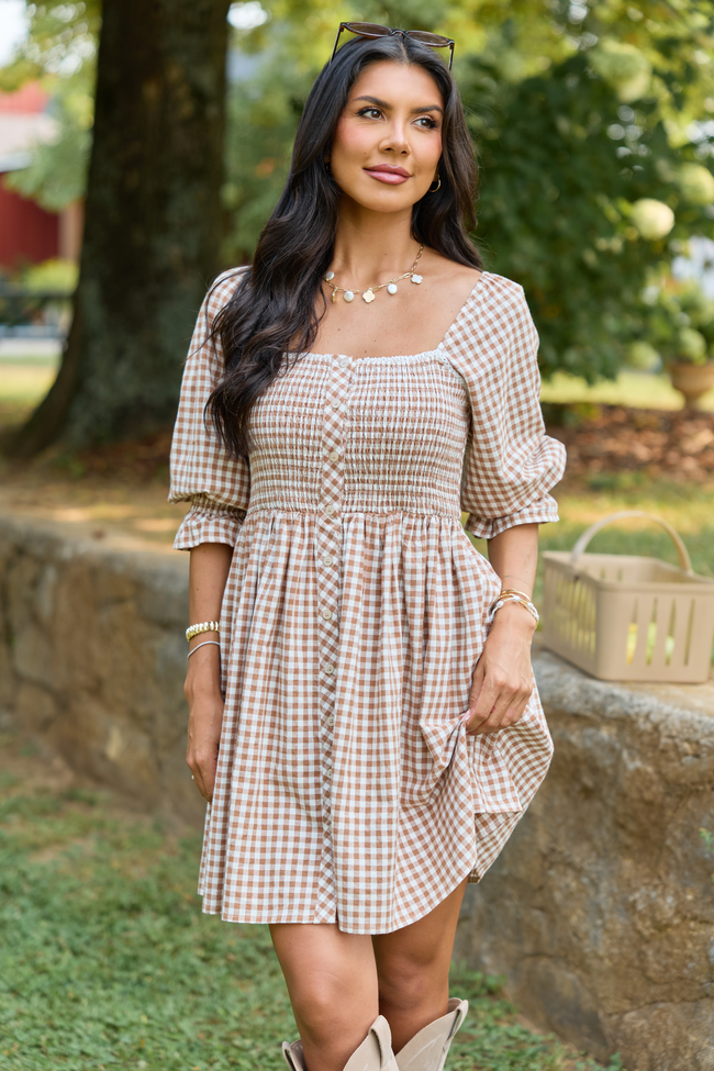 Tailored Grace Brown Gingham Mini Dress