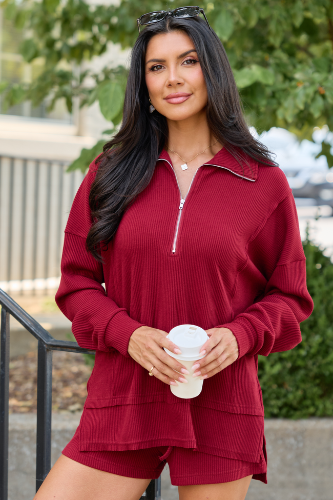 Take Five Waffle Knit Quarter Zip Burgundy