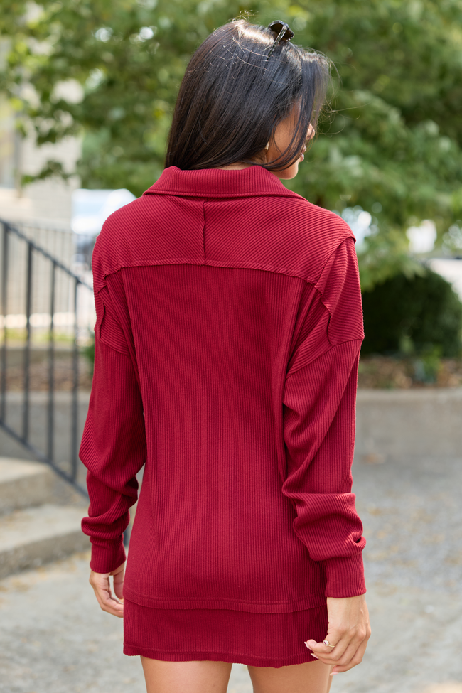 Take Five Waffle Knit Quarter Zip Burgundy
