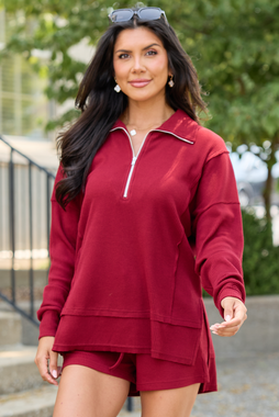 Take Five Waffle Knit Quarter Zip Burgundy