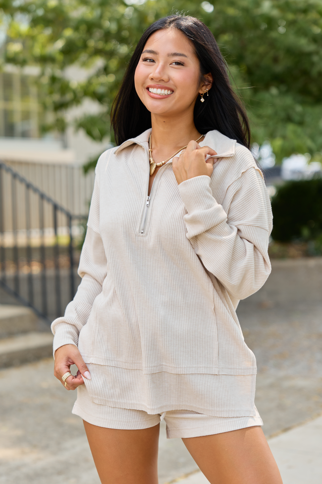 Take Five Waffle Knit Quarter Zip Taupe