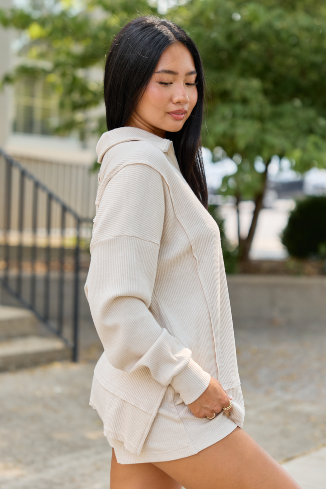 Take Five Waffle Knit Quarter Zip Taupe