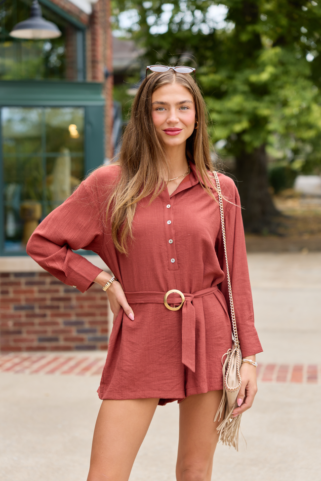 Take The Lead Rust Long Sleeve Romper