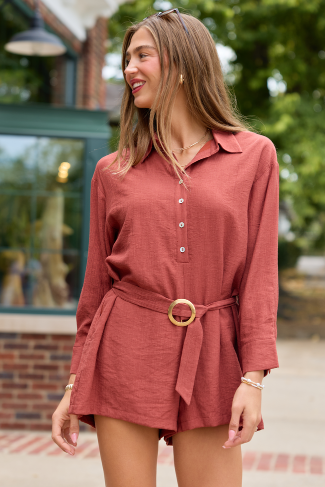 Take The Lead Rust Long Sleeve Romper