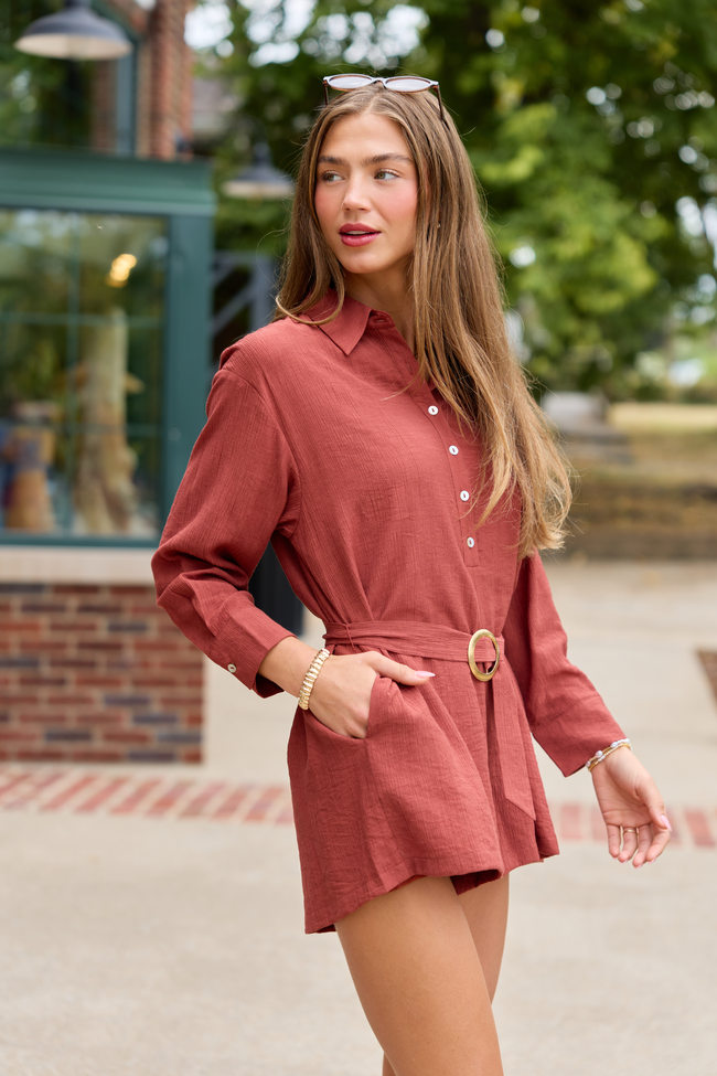 Take The Lead Rust Long Sleeve Romper