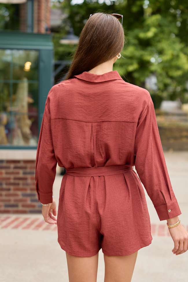 Take The Lead Rust Long Sleeve Romper