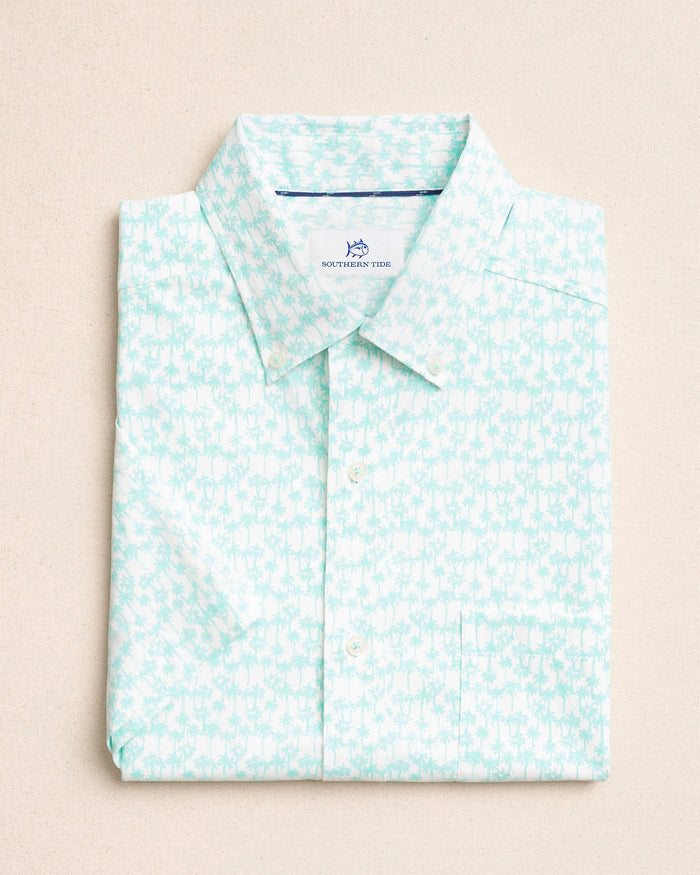 The front view of the Southern Tide Talk To The Palm Coastal Breeze® Short Sleeve Sport Shirt by Southern Tide - Shore Blue