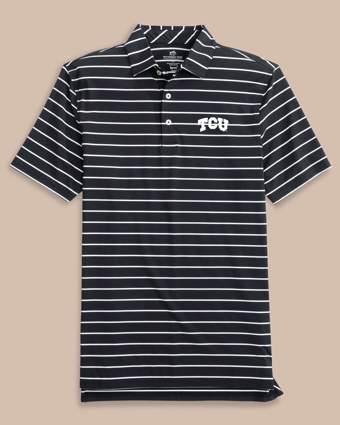 The front view of the Southern Tide TCU Horned Frogs brrr°®-eeze Desmond Stripe Polo by Southern Tide - Black