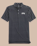 The front view of the Southern Tide TCU Horned Frogs brrr°®-eeze Desmond Stripe Polo by Southern Tide - Black