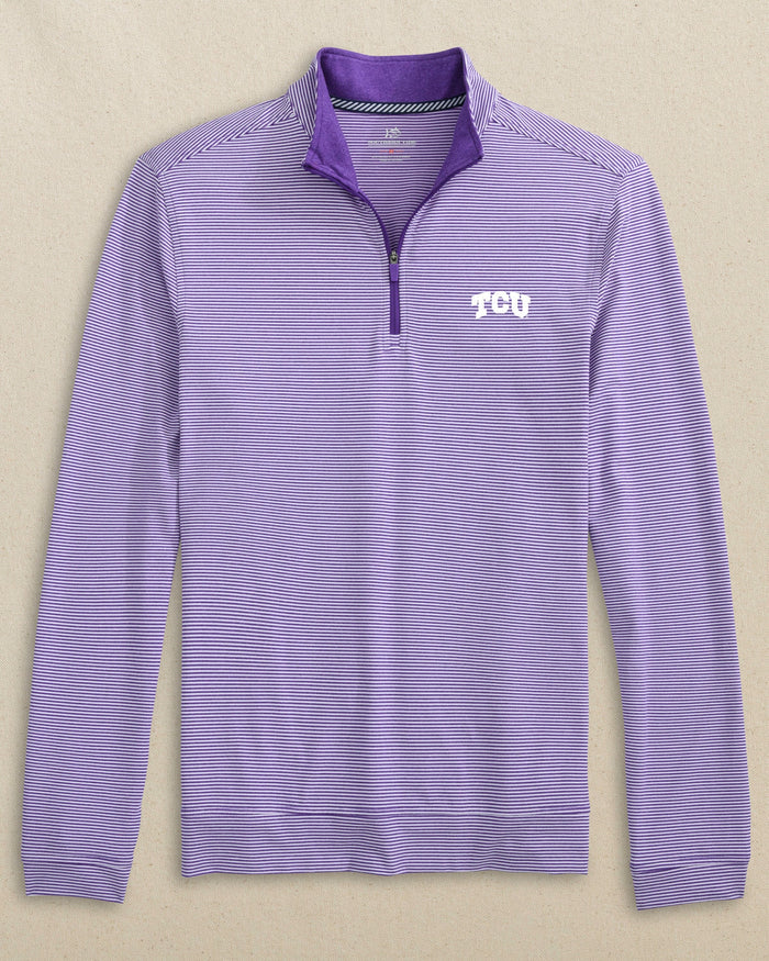 The front view of the Southern Tide TCU Horned Frogs Cruiser Micro-Stripe Heather Quarter Zip by Southern Tide - Heather Regal Purple