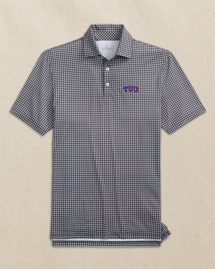 The front view of the Southern Tide TCU Horned Frogs Driver Dunes Edge Plaid Polo by Southern Tide - Black