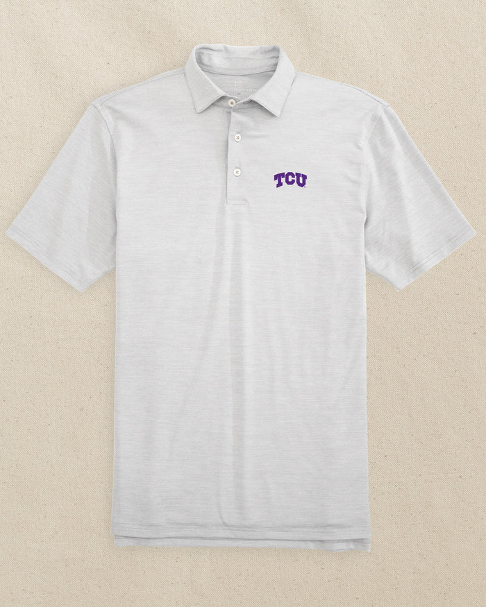The front view of the Southern Tide TCU Horned Frogs Driver Spacedye Polo Shirt by Southern Tide - Slate Grey