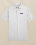 The front view of the Southern Tide TCU Horned Frogs Driver Spacedye Polo Shirt by Southern Tide - Slate Grey