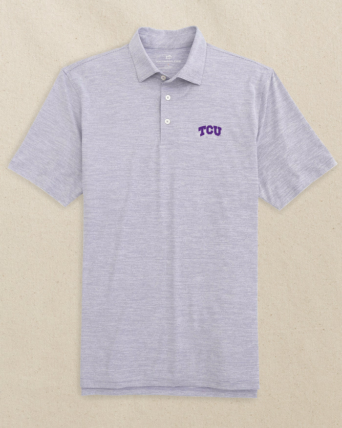 The front view of the Southern Tide TCU Horned Frogs Driver Spacedye Polo Shirt by Southern Tide - Regal Purple