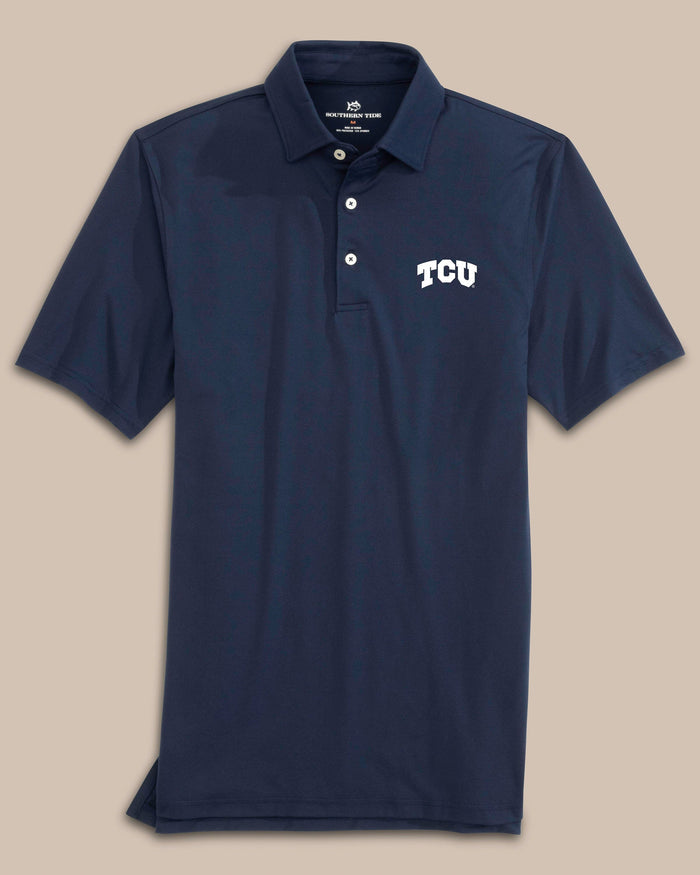 The front view of the Southern Tide TCU Horned Frogs Ryder Polo Shirt by Southern Tide - True Navy