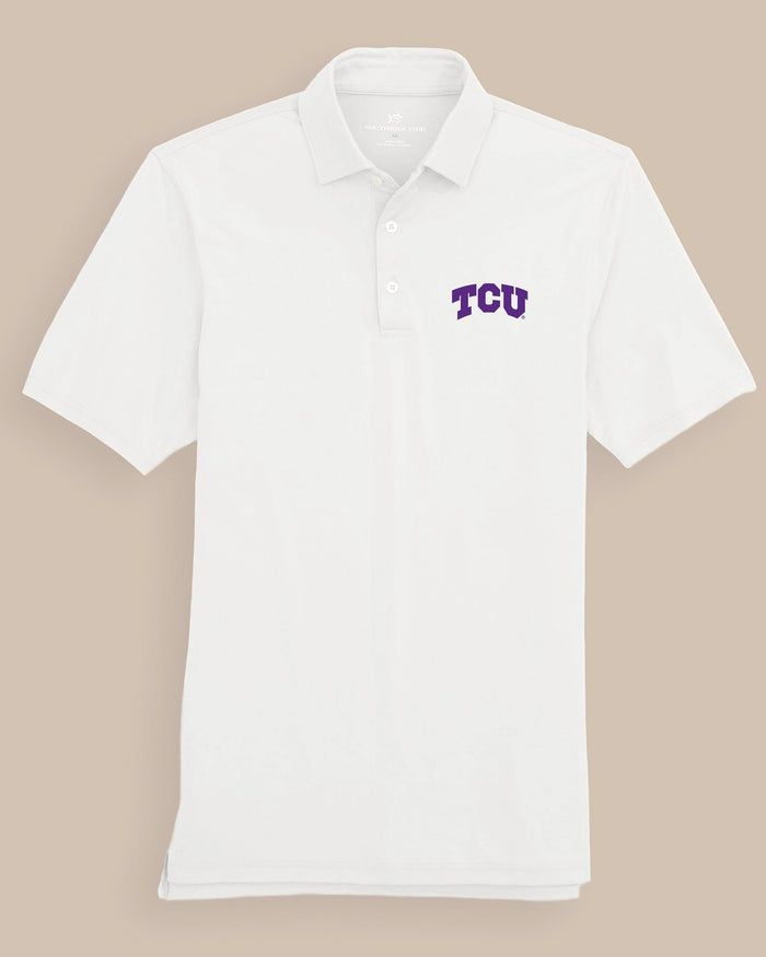 The front view of the Southern Tide TCU Horned Frogs Ryder Polo Shirt by Southern Tide - Classic White
