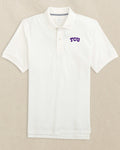The front view of the Southern Tide TCU Horned Frogs Skipjack Polo by Southern Tide - Classic White