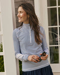 The lifestyle view of the Southern Tide Team Colors Runaround Quarter Zip Pullover by Southern Tide - Dress Blue