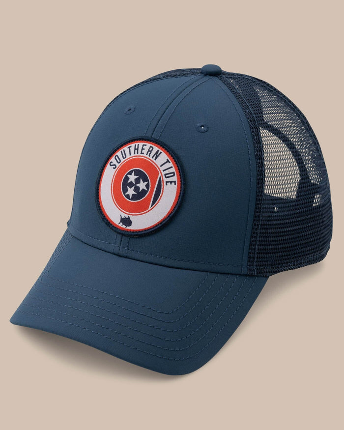 The front view of the Men's Tennessee Patch Performance Trucker Hat by Southern Tide - Seven Seas Blue