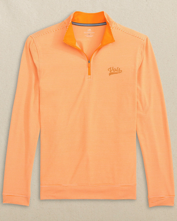 The front view of the Southern Tide Tennessee Vols Script Cruiser Micro-Stripe Heather Quarter Zip by Southern Tide - Heather Rocky Top Orange