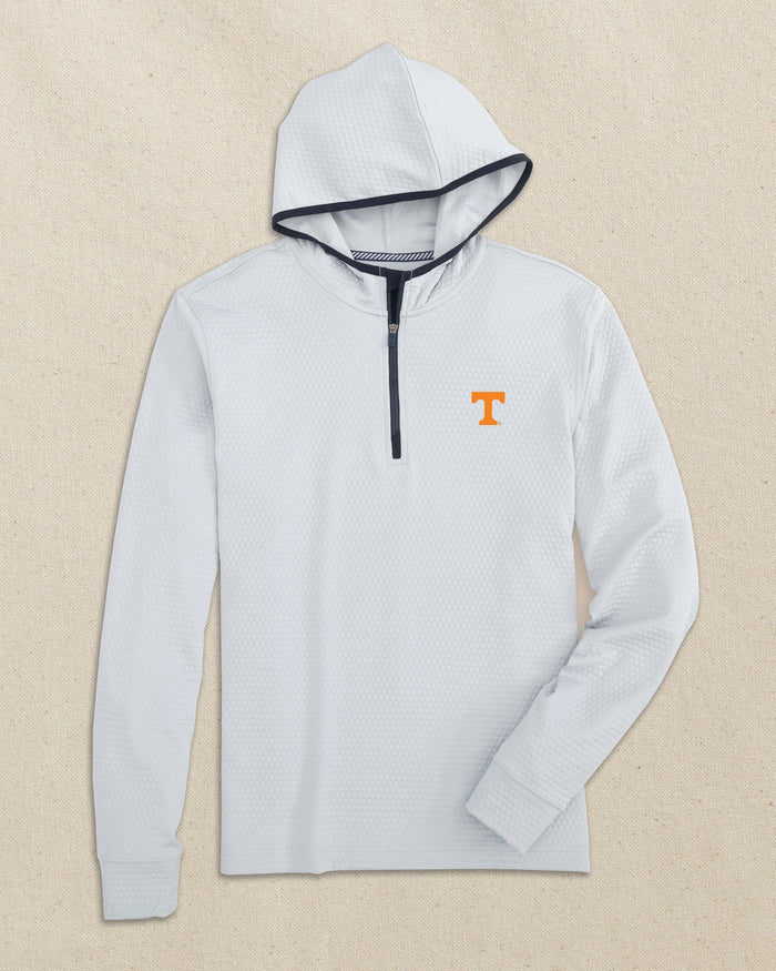 The front view of the Southern Tide Tennessee Vols Scuttle Quarter Zip Hoodie by Southern Tide - Heather Slate Grey