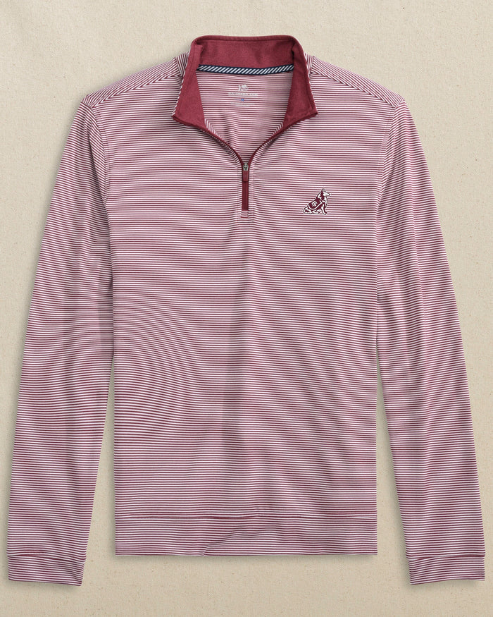 The front view of the Southern Tide Texas A&M Reveille Cruiser Micro-Stripe Heather Quarter Zip by Southern Tide - Heather Chianti