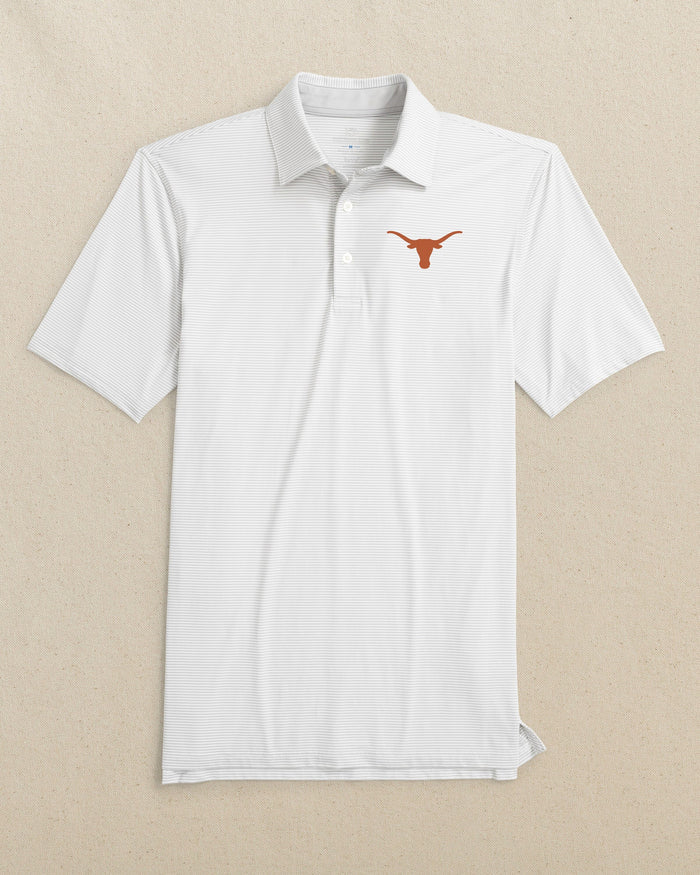 The front view of the Southern Tide Texas Longhorns brrr°®-eeze Meadowbrook Stripe Polo by Southern Tide - Platinum Grey