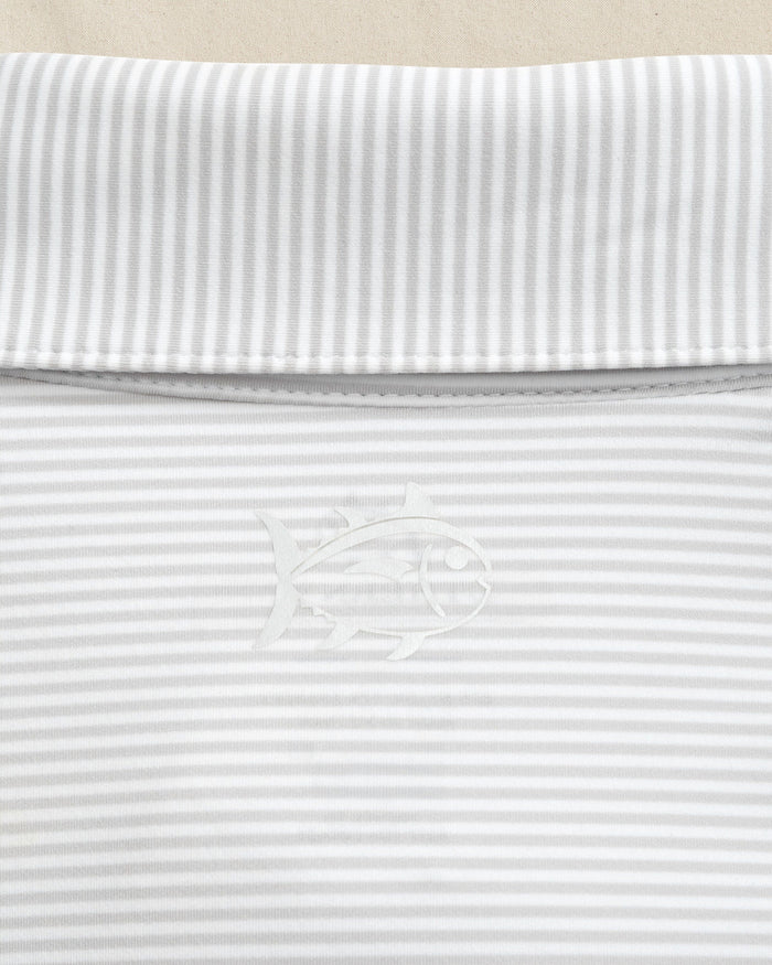 The detail view of the Southern Tide Texas Longhorns brrr°®-eeze Meadowbrook Stripe Polo by Southern Tide - Platinum Grey