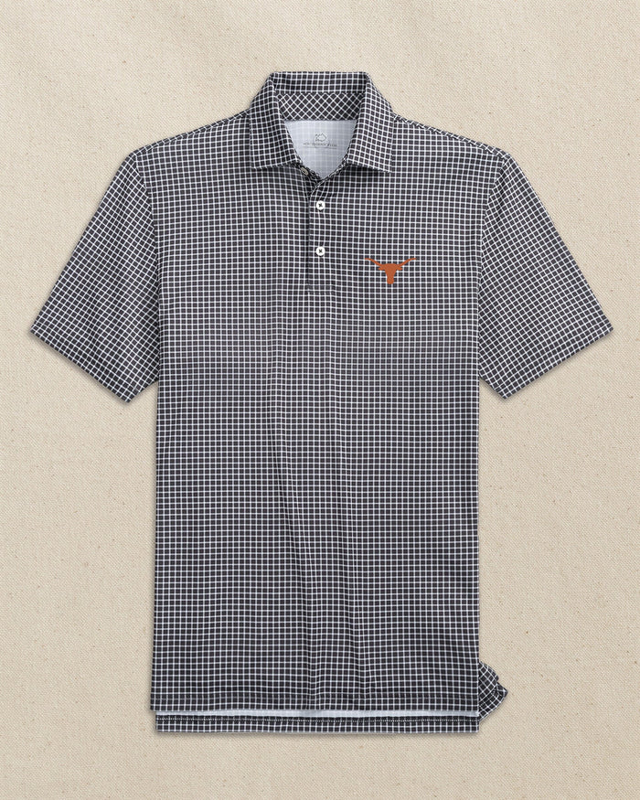 The front view of the Southern Tide Texas Longhorns Driver Dunes Edge Plaid Polo by Southern Tide - Black
