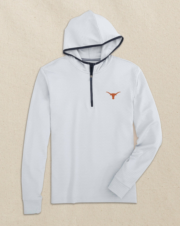 The front view of the Southern Tide Texas Longhorns Scuttle Quarter Zip Hoodie by Southern Tide - Heather Slate Grey