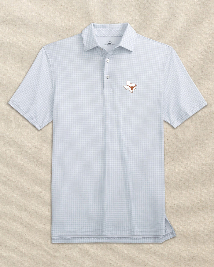 The front view of the Southern Tide Texas Longhorns State Driver Dunes Edge Plaid Polo by Southern Tide - Slate Grey