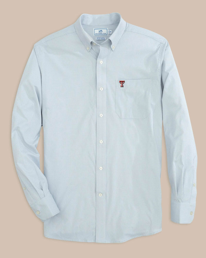 The front view of the Texas Tech Red Raiders Gingham Button Down Shirt by Southern Tide - Slate Grey