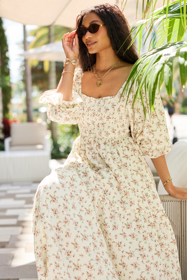 Thalia Neutral Floral Smocked Top Dress
