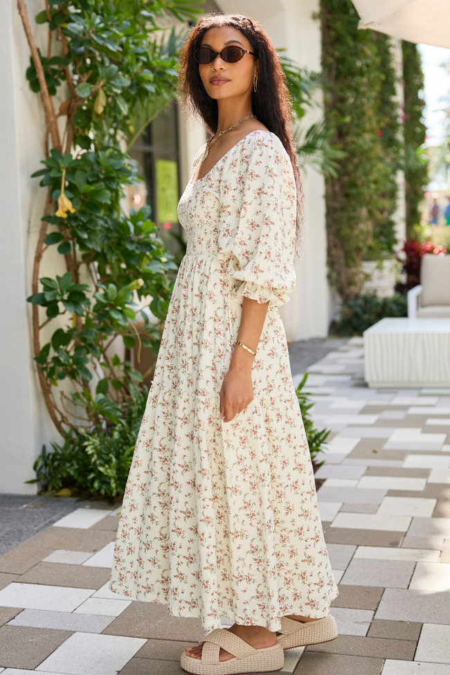 Thalia Neutral Floral Smocked Top Dress