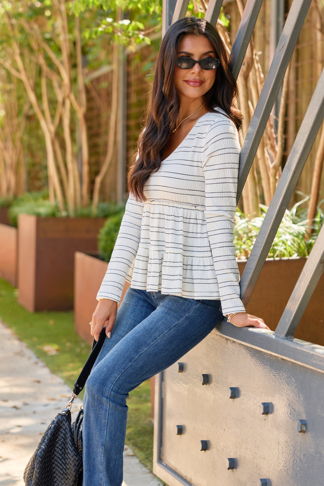 The Daily Textured Stripe Long Sleeve Babydoll Top Off White