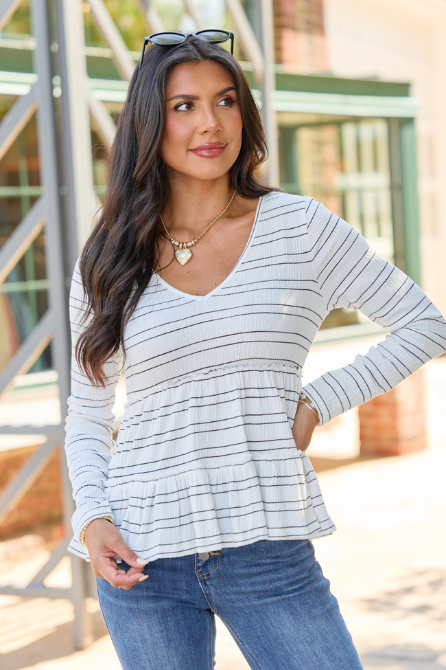 The Daily Textured Stripe Long Sleeve Babydoll Top Off White