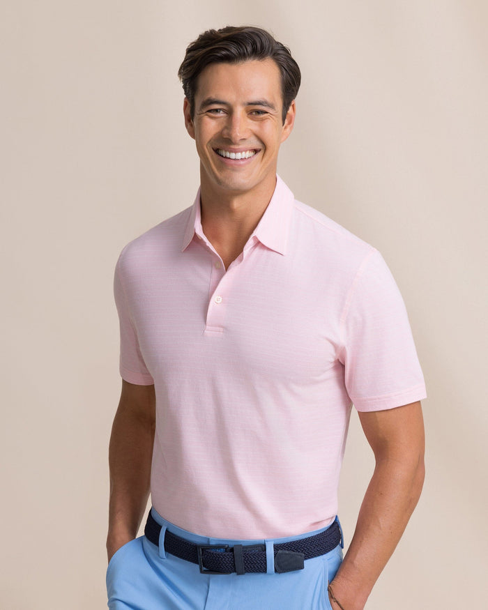 The front view of the Southern Tide The Seaport Kinston Stripe Polo by Southern Tide - Orchid Pink